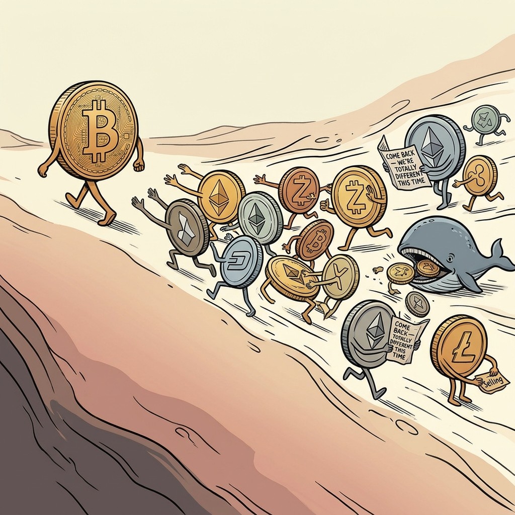The Disavowal — Bitcoin walking away off-frame while a comet-tail of pleading coins chases behind it