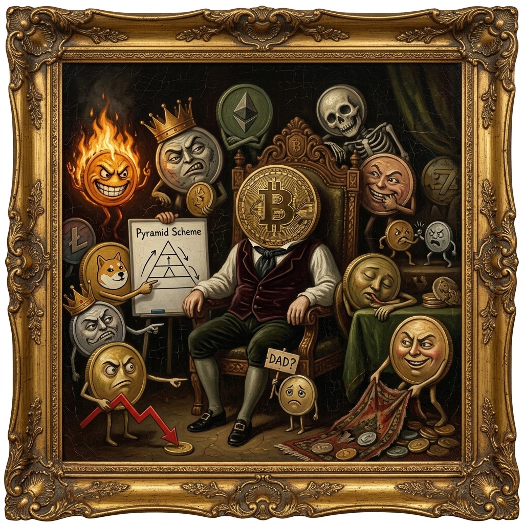 The Family Portrait — Bitcoin and its disowned coins styled as a Victorian oil painting