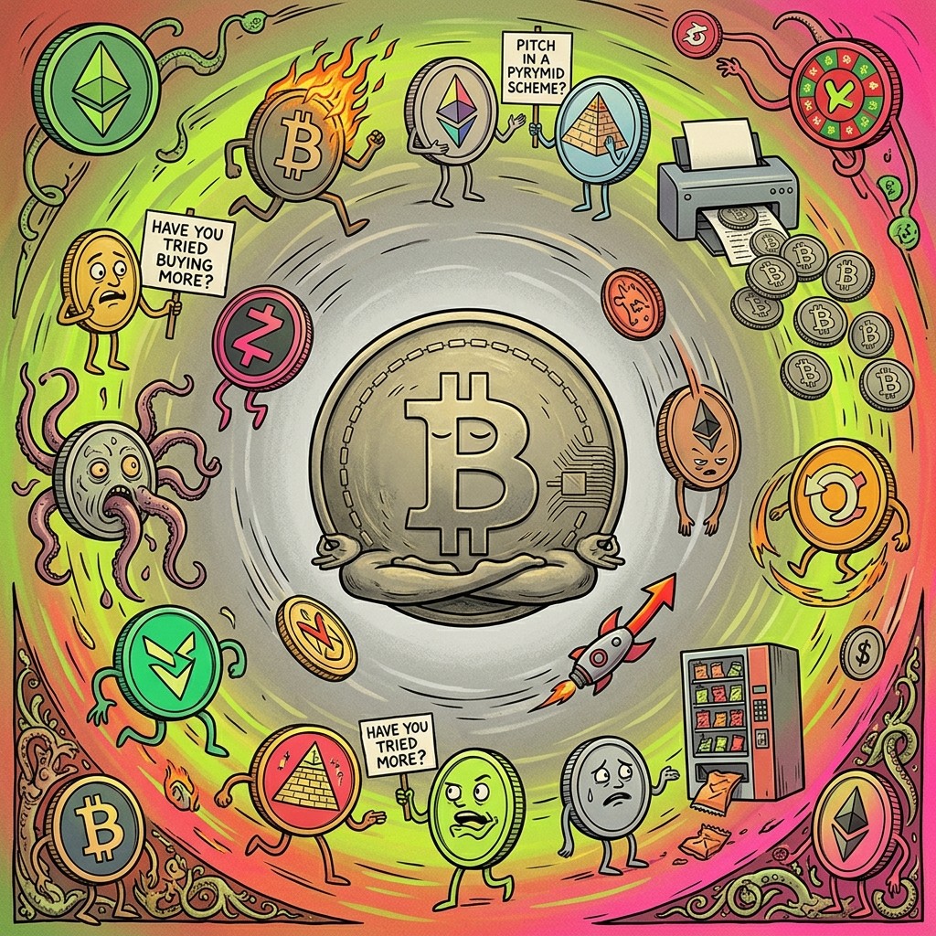 The Meditation — Bitcoin seated calmly in desaturated gold surrounded by a swirling outer orbit of neon chaos